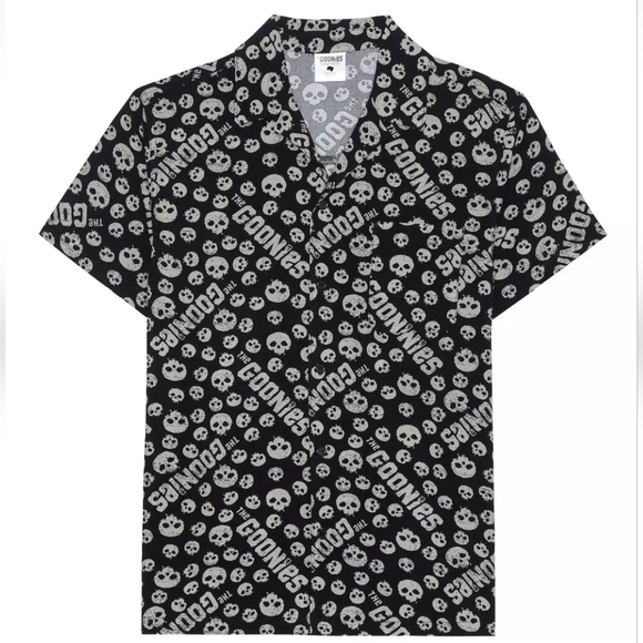 The Goonies Other - The Goonies Button Down Shirt Mens Large Black Skull Print‎ Short Sleeve Rayon